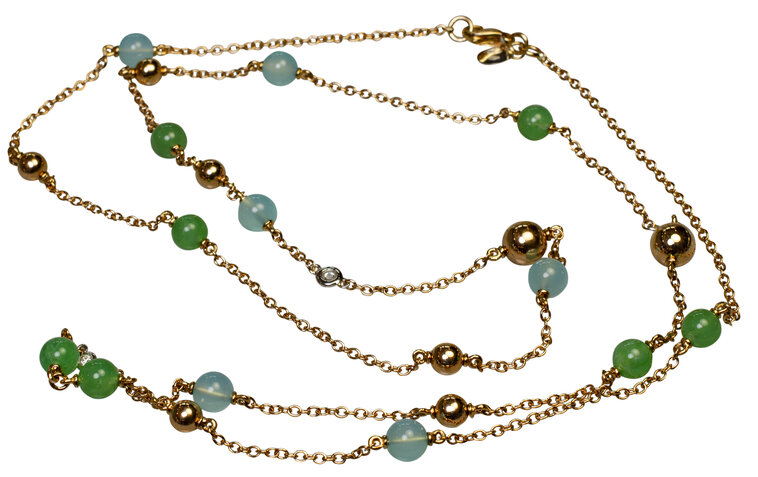 Diamantový dlhý Sartoire náhrdelník Moraglione 1922 s chalcedónmi a chryzoprasmi