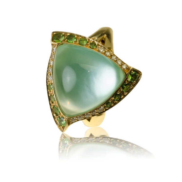 Diamantový prsteň Moraglione 1922 s jadeitom, perleťou, peridotom a horským krištáľom