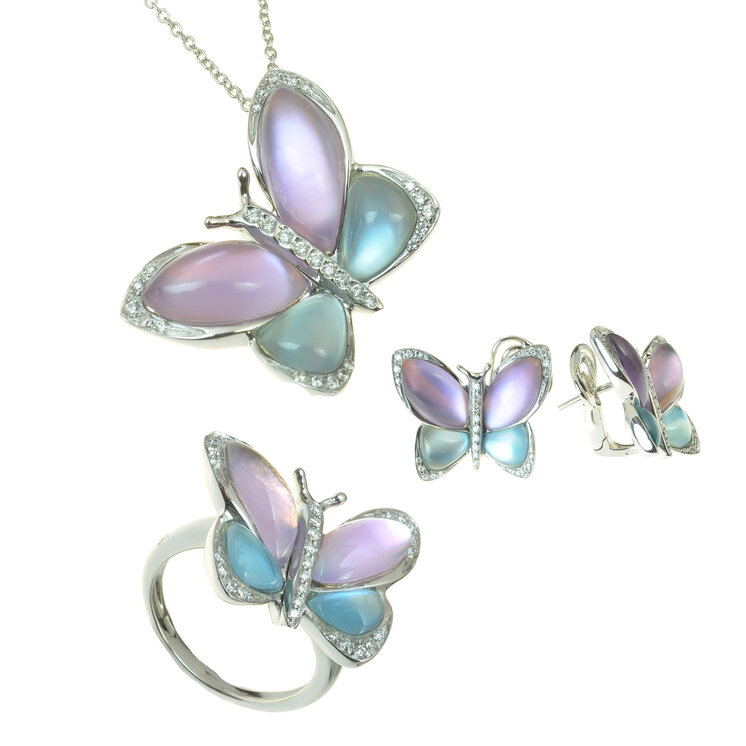 Diamantový set Moraglione 1922 náhrdelníka, náušníc a prsteňa s doubletami ametystu, perlete a london blue topásu s perleťou