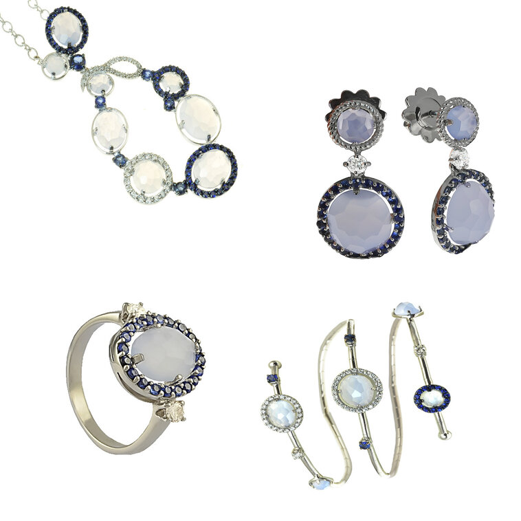 Diamantový set Moraglione 1922 náušníc, náhrdelníka, náramku a prsteňa s modrým chalcedónom a zafírmi