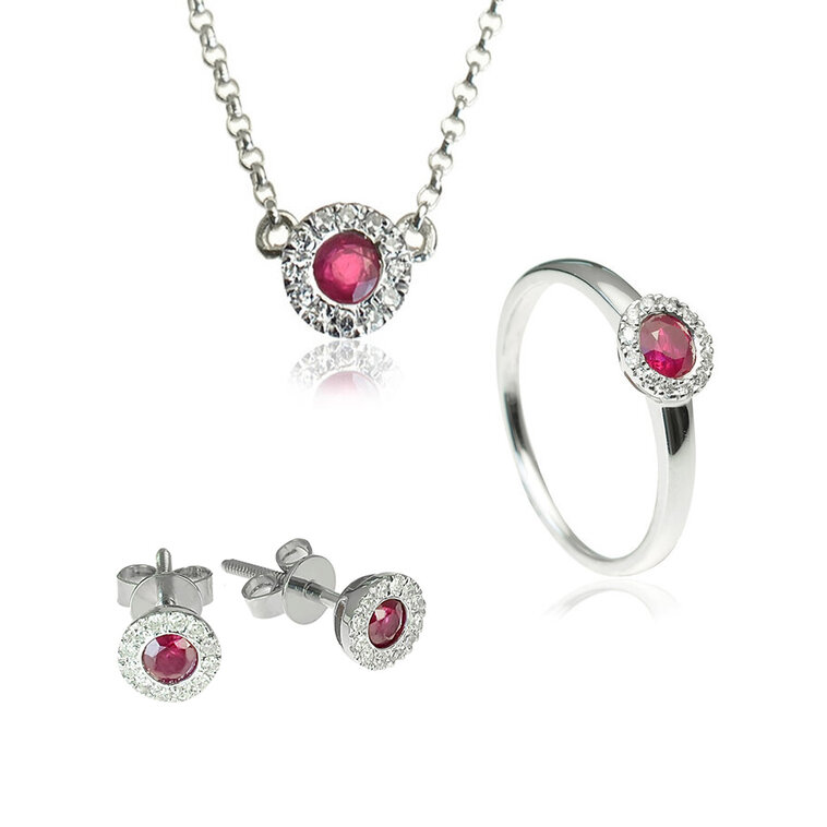 Diamantový set náhrdelníka, náušníc a prsteňa s rubínom