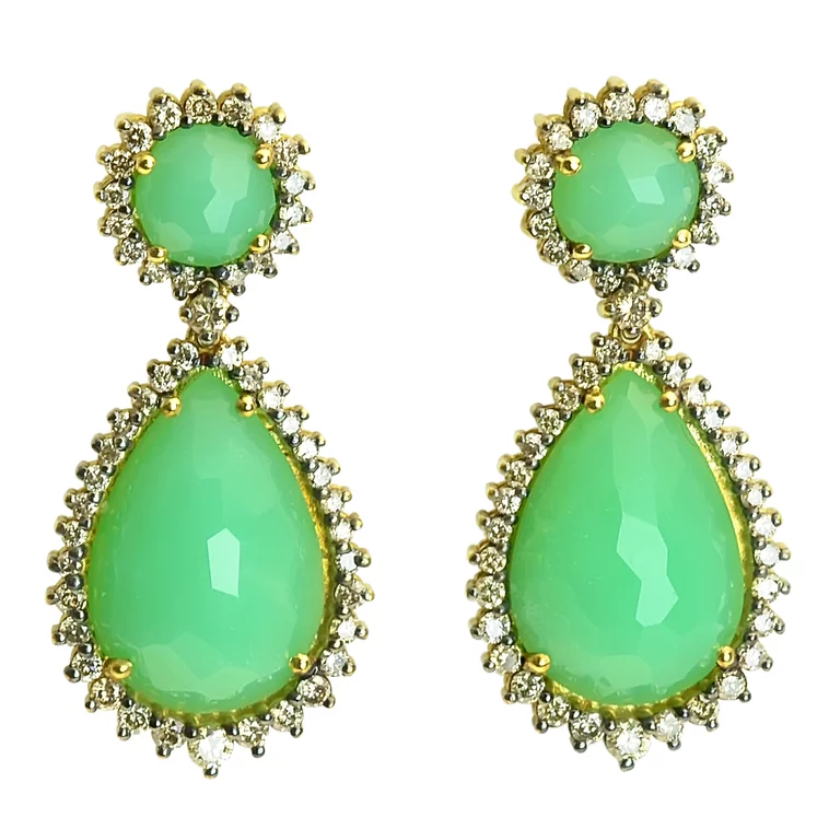 Zlaté náušnice Moraglione 1922 s chryzprasom a diamantmi Zlaté náušnice Moraglione 1922 s chryzprasom a diamantmi