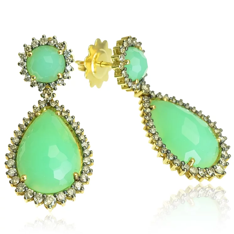 Zlaté náušnice Moraglione 1922 s chryzprasom a diamantmi Zlaté náušnice Moraglione 1922 s chryzprasom a diamantmi
