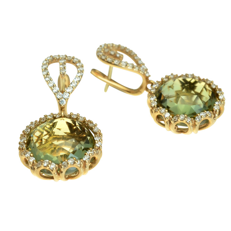 Zlaté náušnice Moraglione 1922 so zeleným ametystom a diamantmi
