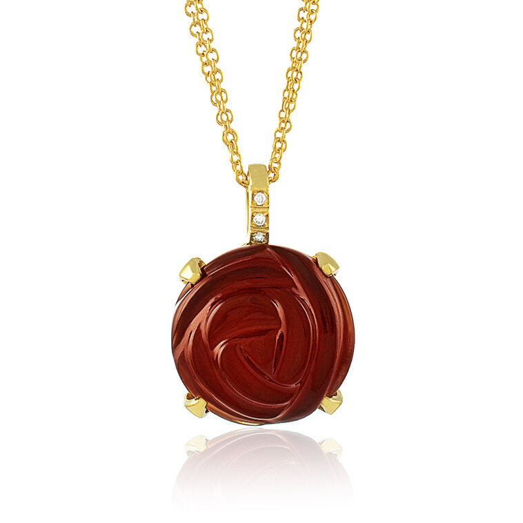Zlatý náhrdelník Moraglione 1922 s červeným koralom, záhnedou a diamantmi