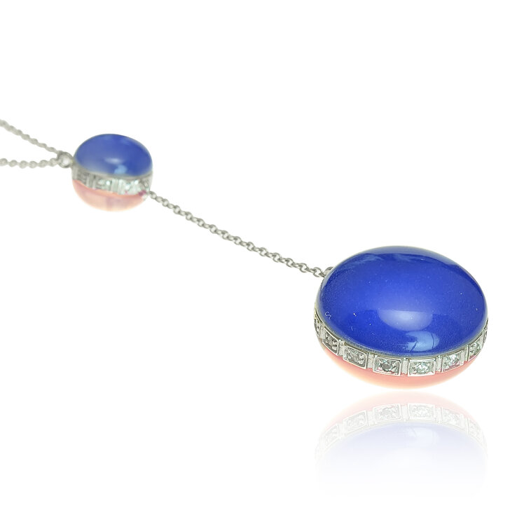 Zlatý náhrdelník Moraglione 1922 s lapis lazuli, horským krištáľom, perleťou, ruženínom a diamantmi