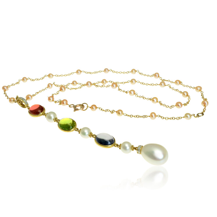 Zlatý náhrdelník so sladkovodnými perlami, peridotom, turmalínmi a diamantmi