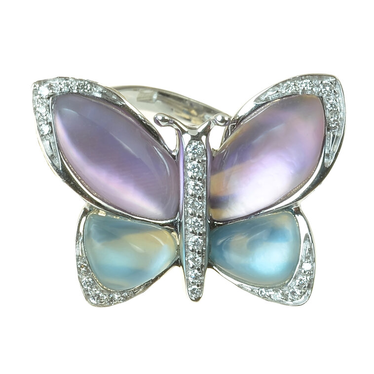 Zlatý prsteň Moraglione 1922 s ametystom, london blue topásom, perleťou a diamantmi