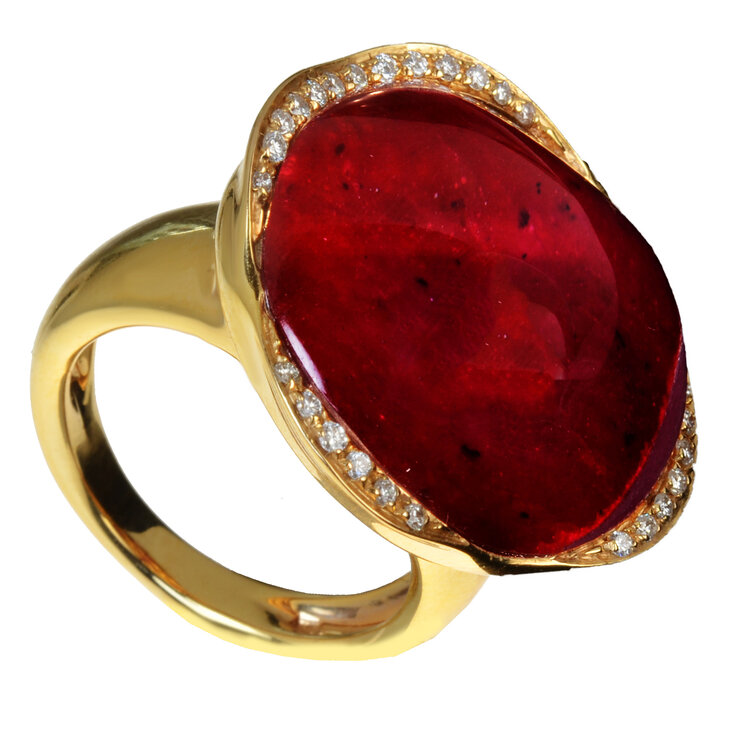 Zlatý prsteň Moraglione 1922 s ametystom, rubínom a diamantmi