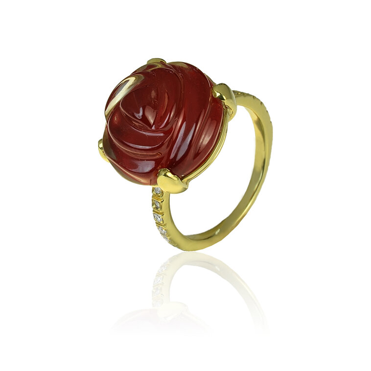 Zlatý prsteň Moraglione 1922 s koralom, záhnedou a diamantmi