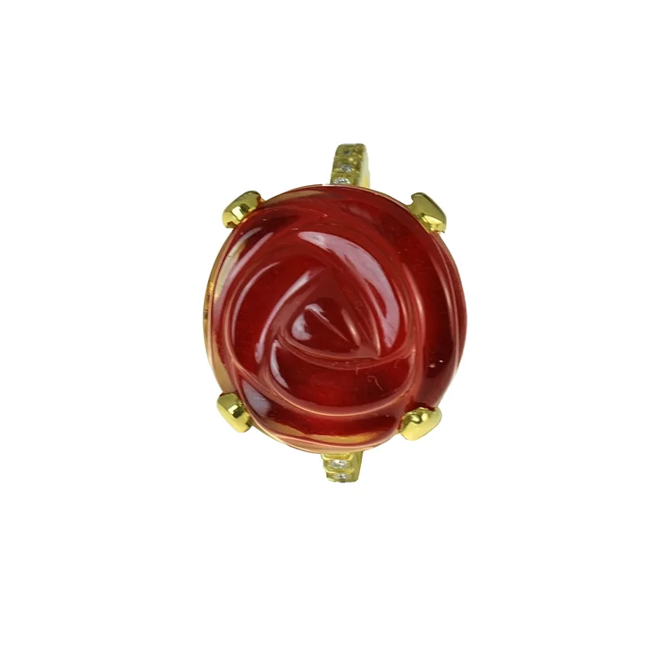 Zlatý prsteň Moraglione 1922 s koralom, záhnedou a diamantmi Zlatý prsteň Moraglione 1922 s koralom, záhnedou a diamantmi