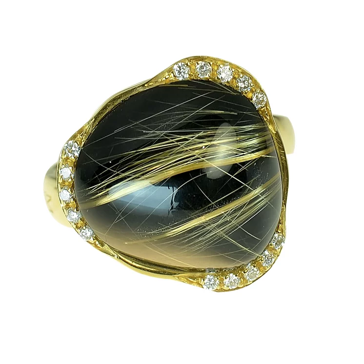 Zlatý prsteň Moraglione 1922 s ónyxom, rutile quartzom a diamantmi Zlatý prsteň Moraglione 1922 s ónyxom, rutile quartzom a diamantmi