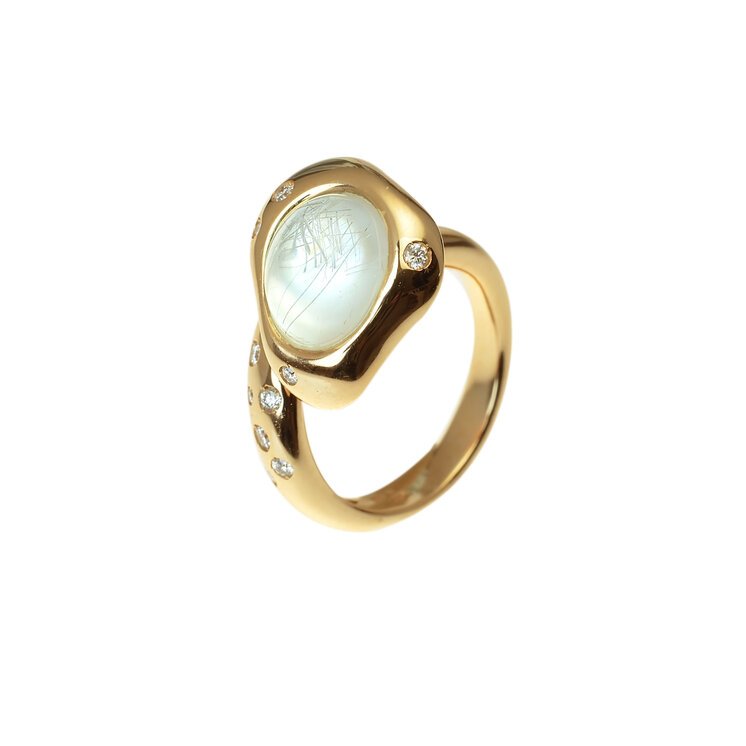 Zlatý prsteň Moraglione 1922 s prírodnou perleťou, rutile quartzom a diamantmi