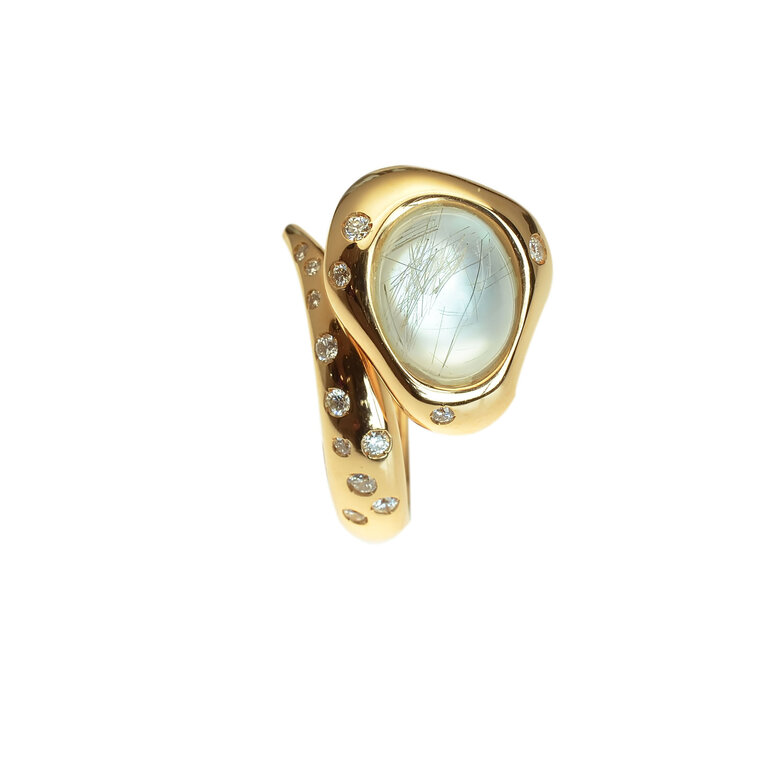 Zlatý prsteň Moraglione 1922 s prírodnou perleťou, rutile quartzom a diamantmi