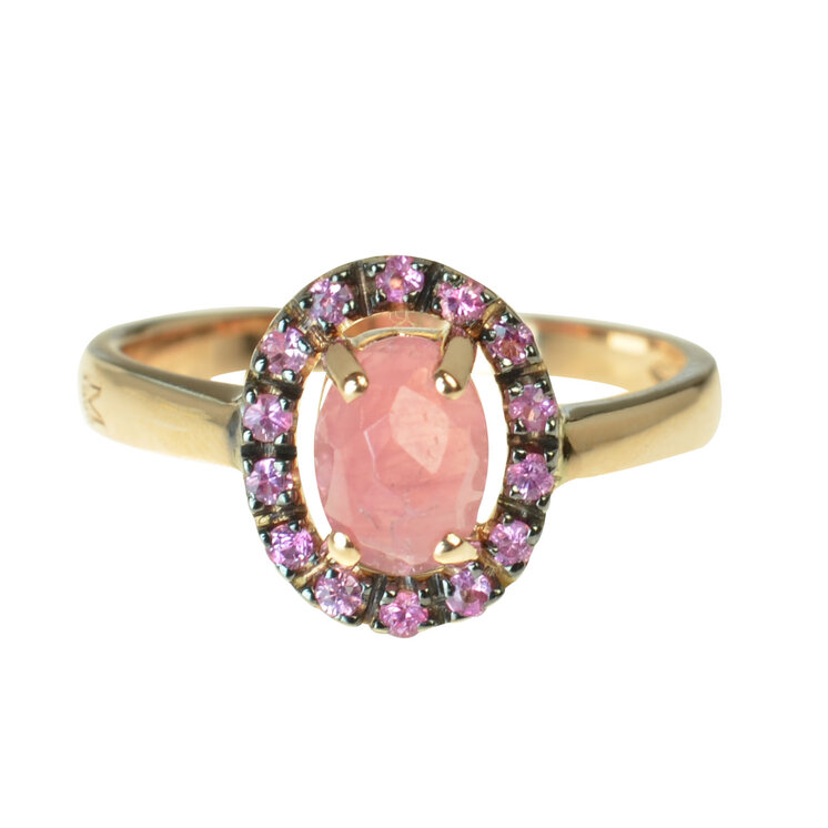 Zlatý prsteň Moraglione 1922 s rodochrozitom a ružovými zafírmi