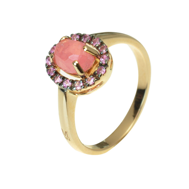 Zlatý prsteň Moraglione 1922 s rodochrozitom a ružovými zafírmi