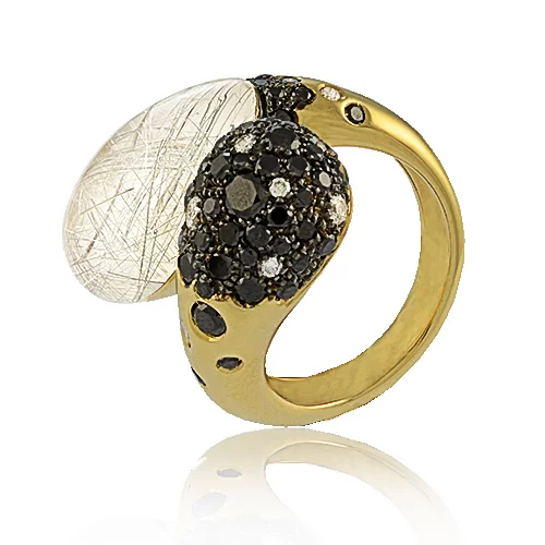 Zlatý prsteň Moraglione 1922 s rutile quartzom, perleťou a diamantmi Zlatý prsteň Moraglione 1922 s rutile quartzom, perleťou a diamantmi