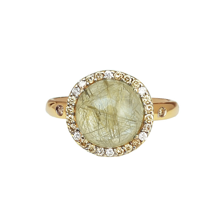 Zlatý prsteň Moraglione 1922 s rutile quartzom, perleťou a diamantmi