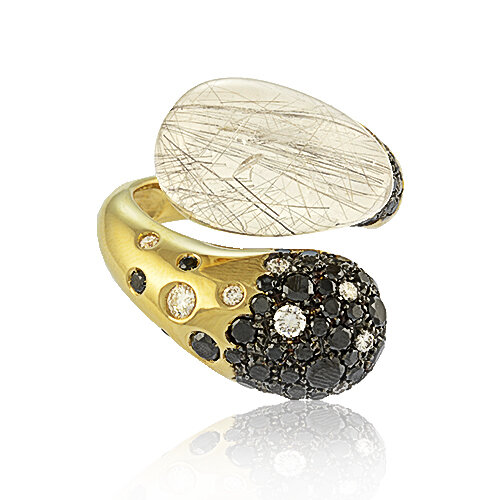 Zlatý prsteň Moraglione 1922 s rutile quartzom, perleťou a diamantmi