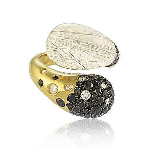 Zlatý prsteň Moraglione 1922 s rutile quartzom, perleťou a diamantmi Zlatý prsteň Moraglione 1922 s rutile quartzom, perleťou a diamantmi