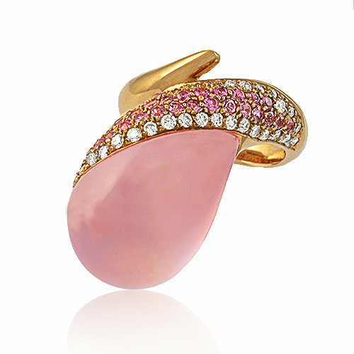 Zlatý prsteň Moraglione 1922 s ruženínom, perleťou, zafírom a diamantmi