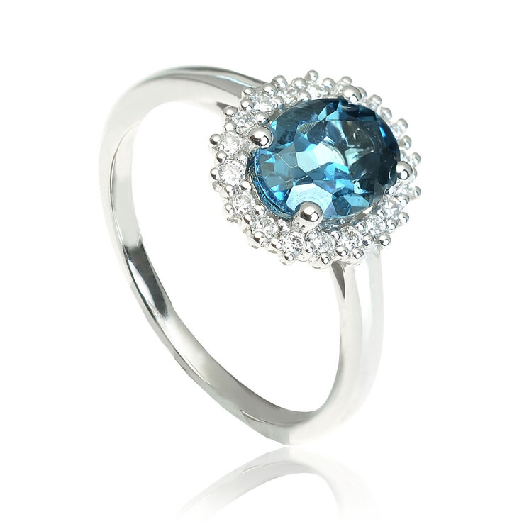 Zlatý prsteň s london blue topásom a diamantmi
