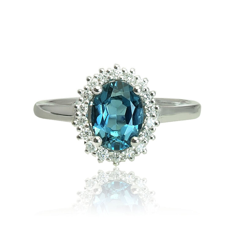 Zlatý prsteň s london blue topásom a diamantmi
