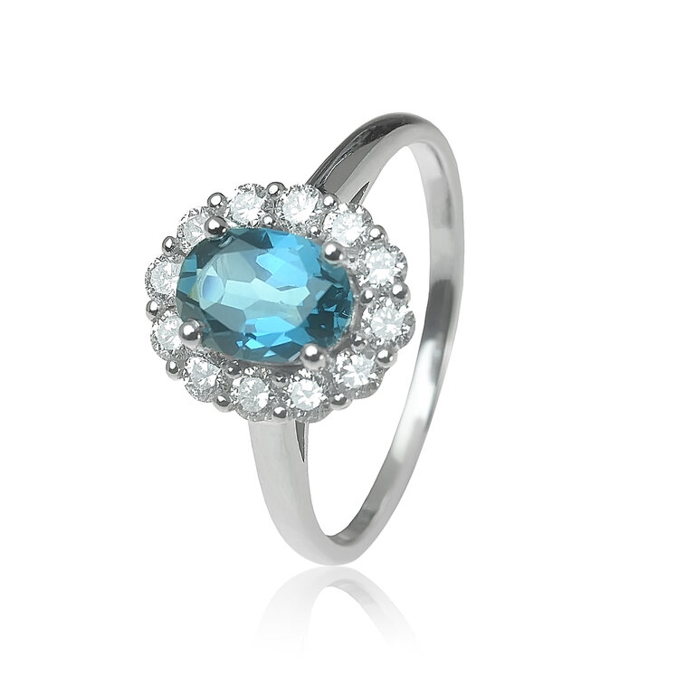 Zlatý prsteň s london blue topásom a diamantmi