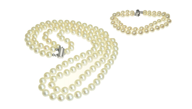 Zlatý set dvojradovej perlovej šnúry a náramku so sladkovodnými perlami